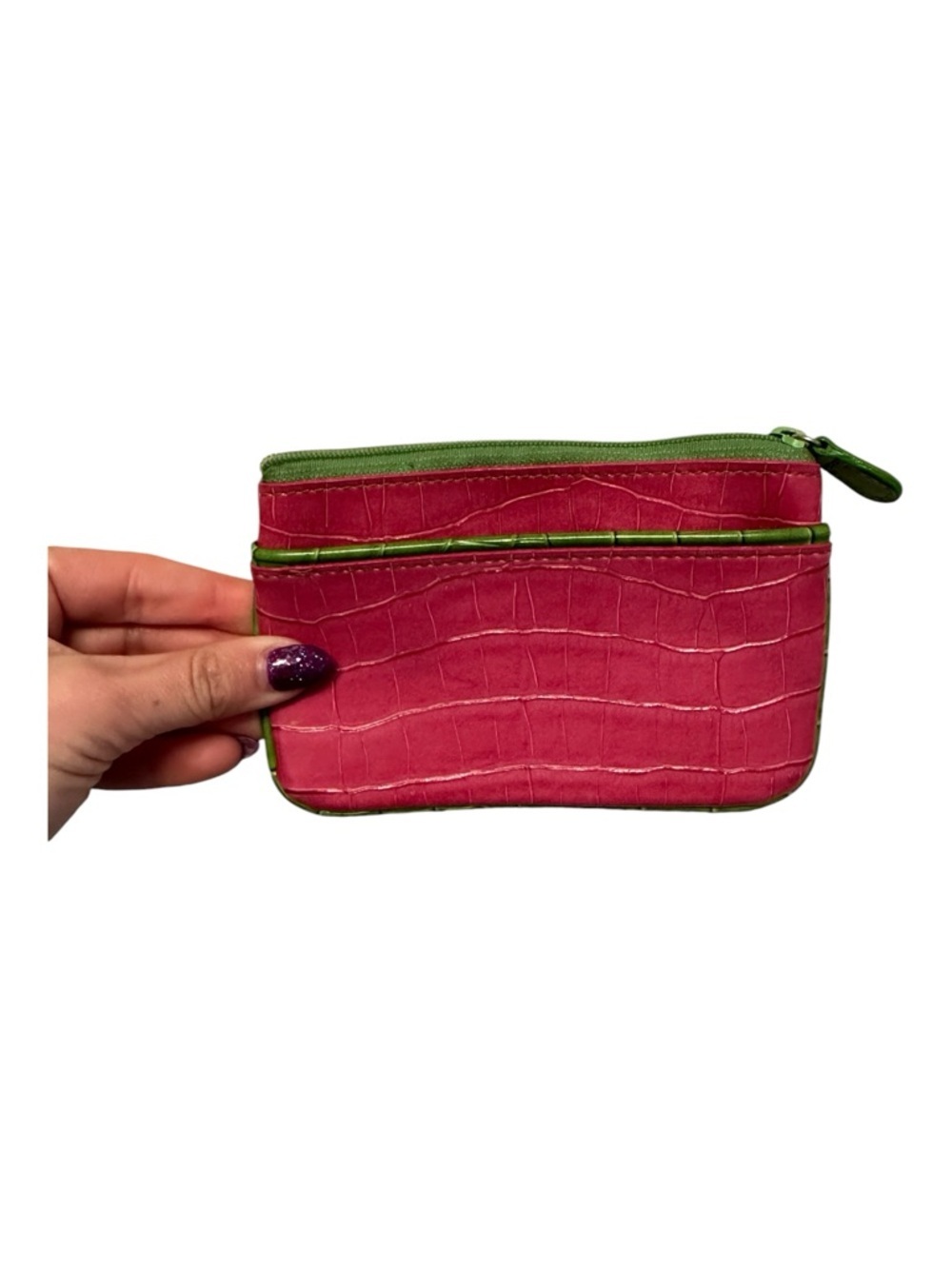 Vintage Y2K Era Pink Croc-Textured Zip Pouch/Card Holder w/ Green Trim Keychain